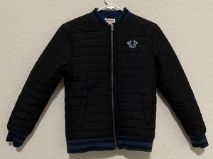 True Religion Boy’s Black Blue ZipUp Logo Puffer Bomber Jacket Youth Size Medium - Picture 1 of 10