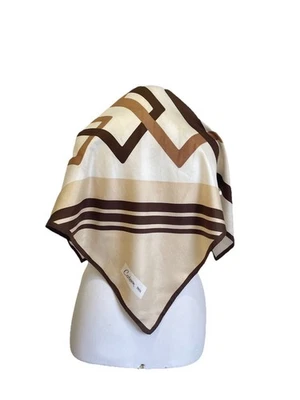 Carven Paris Silk Scarf Square Beige Brown Geometric Print Vintage #A6 - Image 1 of 4