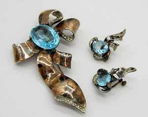 Estate Vintage Antique Sterling Silver Blue Crystal Screw On Earrings Brooch Set - Picture 1 of 10