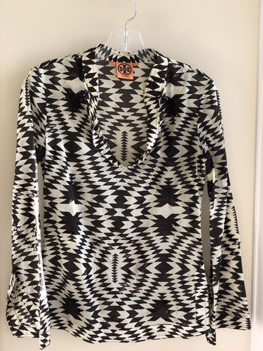 Tunica Tory Burch squisita paillettes impreziosite marrone crema zig zag taglia 0