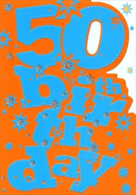 Tarjeta de cumpleaños grande con letras azules en naranja troquelada edad 50/50 Foto 1 de 2