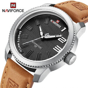 NAVIFORCE Men Watch Casual Brown Leather Watches Big Numerals Dial Wristwatch