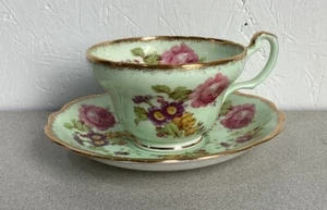 EB Foley Tea Cup And Saucer Set Bone China England Green Floral Gold Trim - Picture 1 of 6