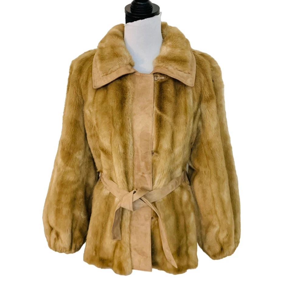 VTG 60s Womens Faux Fur Coat Size M England Belted Suede Panels Mob Wife Style - Image 1 of 4