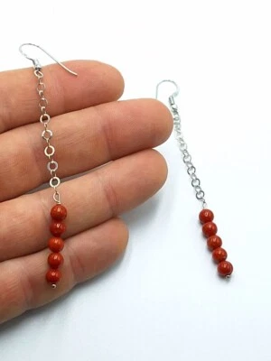 Orecchini pendenti   Palline di Vero corallo rosso Naturale  In Argento 925 - Immagine 1 di 4