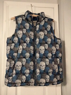 Old Navy Boys Puffer Vest Skull All Over Print Winter Blue Fleece Lined L 10 12 - Image 1 of 4