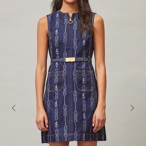Abito con cintura Tory Burch blu denim GEMINI LINK BLOOM JACQUARD $348 nuovo con etichette taglia 8