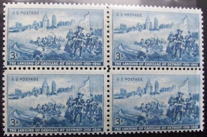 US 3¢ stamp SC #1000 LANDING OF CADILLAC AT DETROIT MNH 1951 block of 4 - Picture 1 of 1