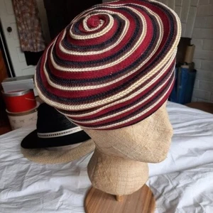 Vintage Jacques Le Corre Paris Straw Pillbox Hat Navy Burgundy Ecru stripe 21" S - Picture 1 of 1