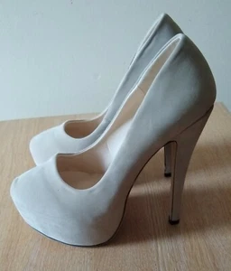 LADIES, Beige Velour Chunky Shoes, 14 cm Heel, UK 3 / EUR 36 **NEW - DEFECT** - Picture 1 of 12