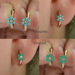 Natural Turquoise & Emerald Diamond Floral Hoops Earrings 14k Gold Flower Huugie - Picture 1 of 11