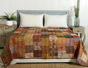 Vintage Patchwork Kantha Colcha Indio Handmade Colcha Seda Reina Manta Marrón - Imagen 1 de 4