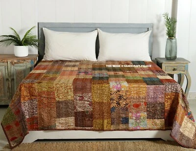 Vintage Patchwork Kantha Bedspread Indian Handmade Quilt silk Queen Throw Brown - Image 1 of 4