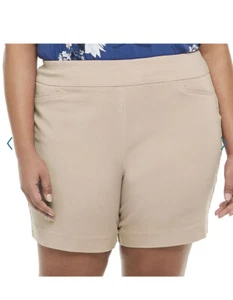 NEW - Womens Plus Size 26W Solid Khaki Stretch Pull On Mid Rise Chino Shorts - Picture 1 of 12