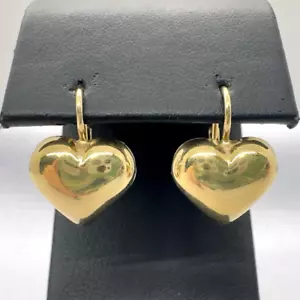 Vintage 14k Yellow Gold Italy Puffy 3D Heart Love Dangle / Drop Earrings 3.3g - Picture 1 of 10