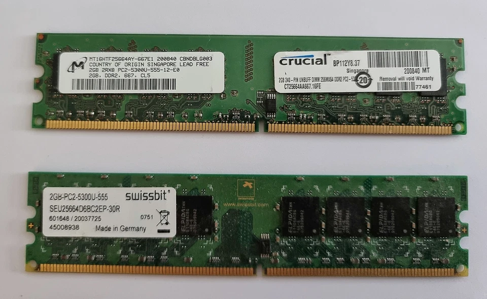 1 x Crucial and 1 x Swissbit 2GB 2Rx8 DDR2 RAM - Image 1 of 1