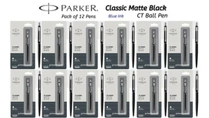 12 penne a sfera Parker classiche nere opache cromate acciaio inox, inchiostro blu - Foto 1 di 5