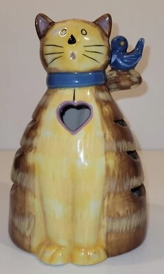 Ceramic Cat Bluebird Candle Shade Votive, Tealight, Small Pillar Topper Cover Foto 1 de 4