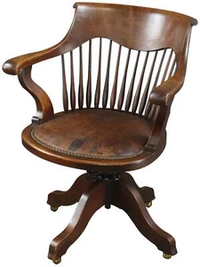 Office Chair Antique French Windsor Style Walnut Wood Tobacco Brown Leather 1920 - Picture 1 of 6