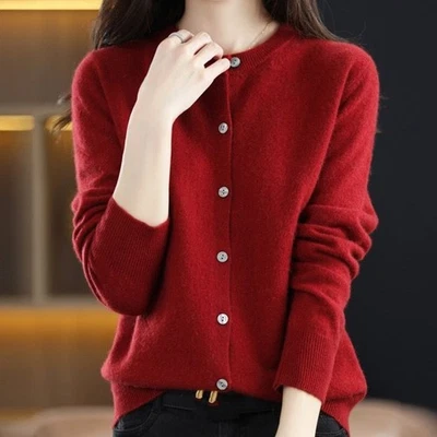 Cárdigan suéter cárdigan de cachemir 100 % cachemir cuello redondo manga larga para mujer Foto 1 de 4