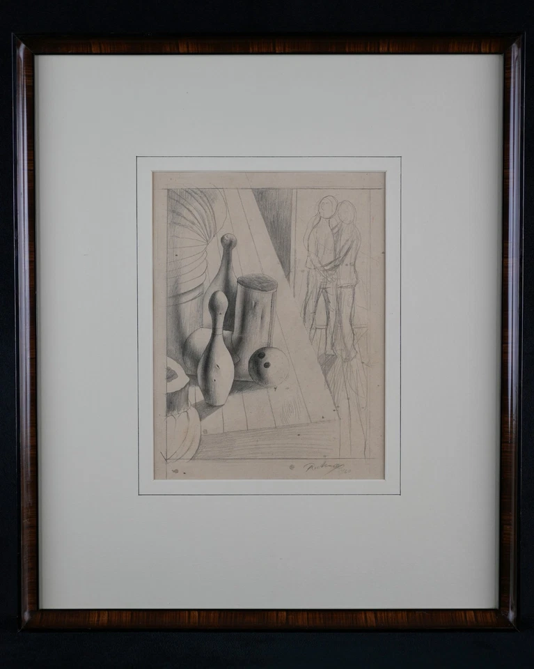Dibujo a lápiz de bodegón original vintage "Bowling & Figures" de Noel Rockmore Foto 1 de 4
