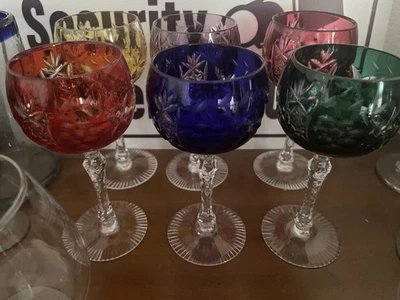 "6 copas de vino vintage bohemias checas cortadas a claro de 5"" de alto cristal de colores" Foto 1 de 4