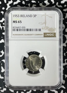 1953 Ireland 3 Pence Threepence NGC MS65 Lot#G281 Gem BU! - Picture 1 of 3