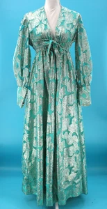 Vtg Women's 60s Teal & Silver Paisley Lame' Maxi Dress XXS/XS/S 1960s Hostess - Picture 1 of 23
