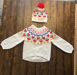 Old Navy so weicher Pullover 4T weiß Herz blau Pullover und Mütze mit Bommel - Bild 1 von 7