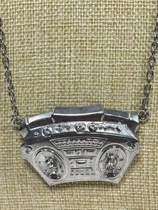 Retro Radio Ghetto Blaster Boombox Rhinestone Pendant Necklace Silver Tone 356 - Picture 1 of 13