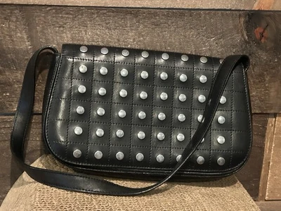 Maxx New York Womens Black Leather Classic Studded Travel Shoulder Bag - Image 1 of 4