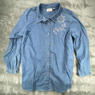Quacker Factory Shirt Womens XL Blue Denim Trucker Sequins Embellished Nautical - Image 1 of 4