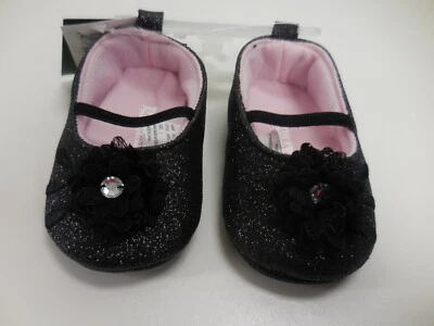 Laura Ashley Black Mary Jane Glitter Flower Accent Rhinestone Baby Shoe Size 3.. - Image 1 of 4