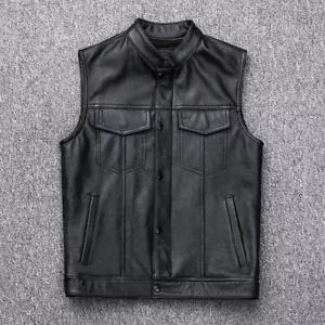 Men's Casual PU Leather Waistcoat Vest Zipper Button Motorcycle Motorbike Tops - Picture 1 of 7