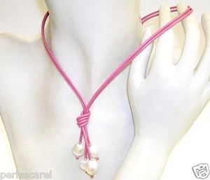 COLLAR con 4 PERLAS Cultivadas Barrocas 11 mm, Cuero Rosa y PLATA de 1ª ley 925 - Imagen 1 de 2