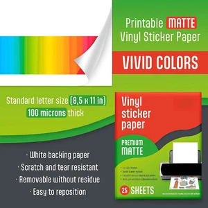 Printable Vinyl Sticker Paper for Inkjet Printer-25Sheets Matte White Waterproof - Picture 1 of 8