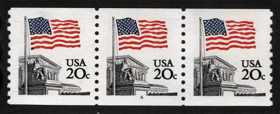 US Sc 1895a Blk Bl Rd 20¢ 1981 MNH OG Plt No.4 Coil Strip of 3 Narrow Blk Tag - Image 1 of 1
