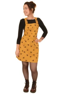 Run And Fly Bee Yellow Mustard Retro Stretch Twill Pinafore Dungaree Dress 8-20