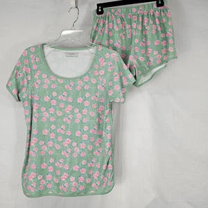 Conjunto de pijama Sweet Honey para mujer talla pequeña camiseta pantalones cortos verde con flor rosa - Imagen 1 de 7