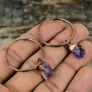 Gift For Her African Amethyst Rough Electroformed Earrings Copper 1.77" - Picture 1 of 6