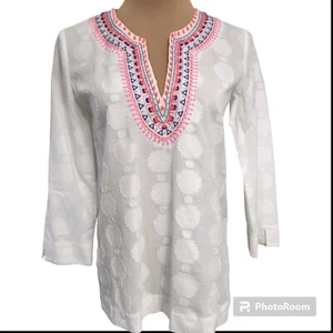 Lilly Pulitzer White Embroidered 3/4 Sleeve V-Neck Tunic Top Size S - Picture 1 of 10