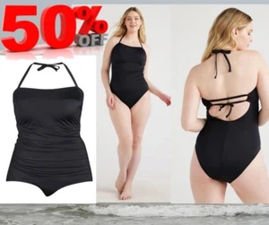 Time And Tru Women's Size L 12-14 Solid Bandeau Tie One Piece Swimsuit BLACK NEW - Picture 1 of 15