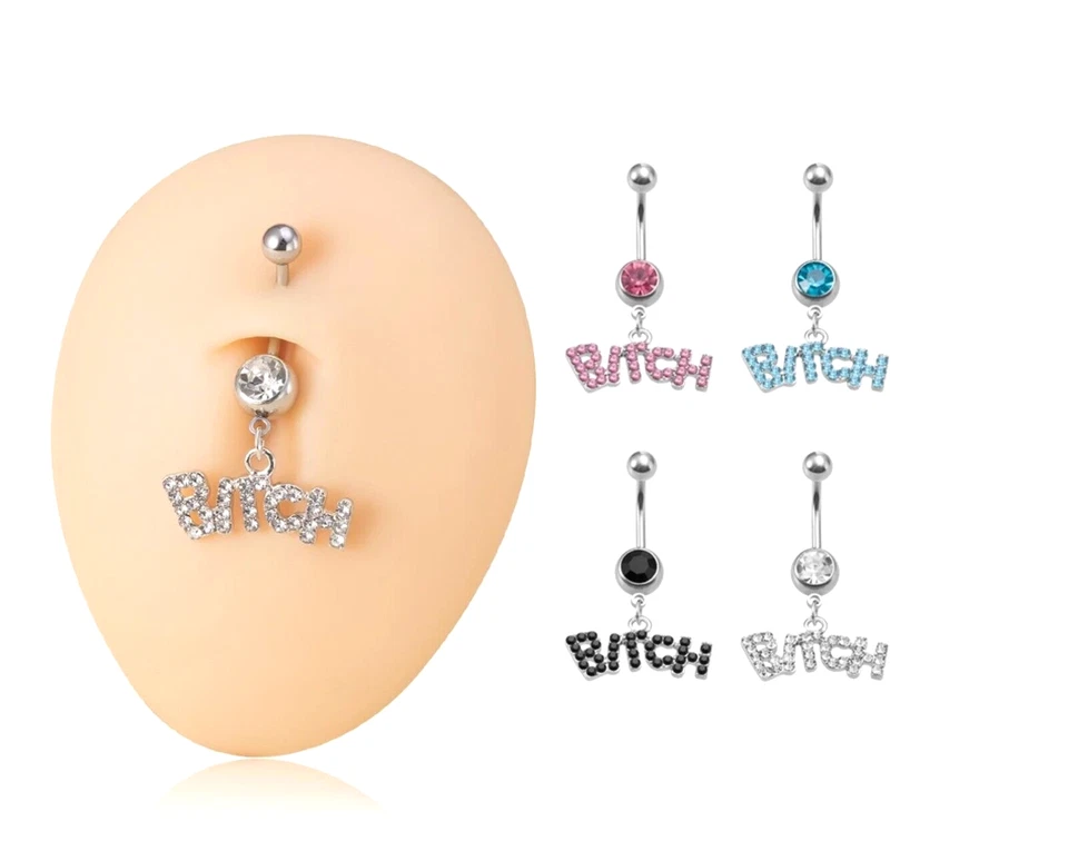 Anillo de vientre con letras ""Bitch"" sexy barras de cristal estrás ombligo barra de vientre Foto 1 de 4