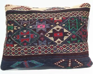 Almohada de lana hecha a mano kurda 24"x18" vibrante diseño Herki alfombra Kilim bordada - Imagen 1 de 3