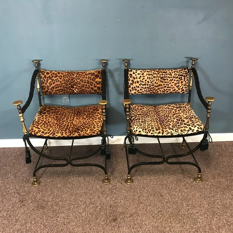 Pair of Early 20th C. Wrought Iron & Brass Savonarola Chair in Hide Upholstery Cover