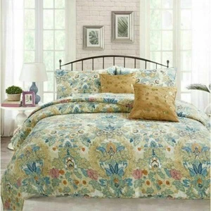 COZY CHIC COTTAGE BLUE TEAL AQUA GREEN PINK YELLOW TROPICAL LEAF SOFT QUILT SET - Picture 1 of 4