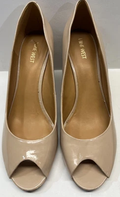 Nine West Womens Shoes Size 10.5 Beige Nude Patent Leather Peep Toe Wedge Heels - Image 1 of 4