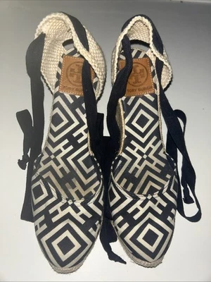 Tory Burch Monogram Espadrille Wedge Platform Ankle Tie Navy Canvas Sz 7.5-8 - Image 1 of 4