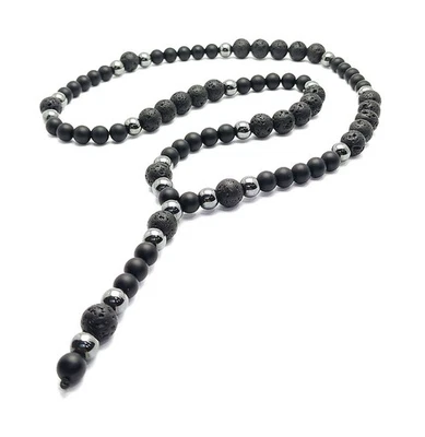 Cadena de perlas larga negra ónix lava hematita cristal cadena hombre... - Imagen 1 de 4