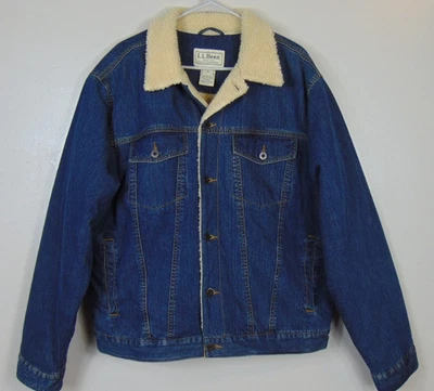 LL Bean Jacket Mens Large Blue Denim Sherpa Lined Trucker Bomber Chore Coat - Image 1 of 4
